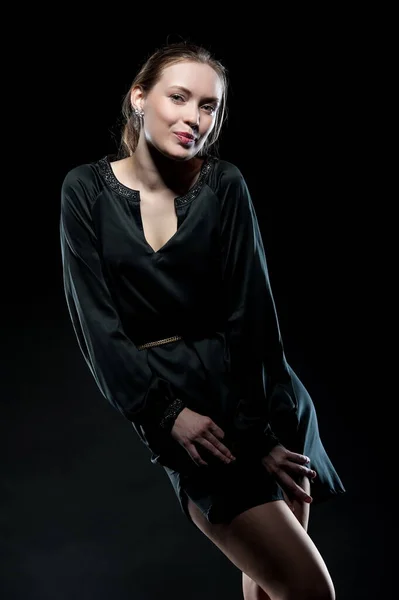 Beautiful Sexy Brunette Girl Posing Black Background Evening Dress — Stock Photo, Image
