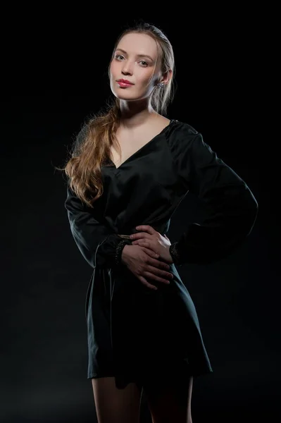 Beautiful Sexy Brunette Girl Posing Black Background Evening Dress — Stock Fotó