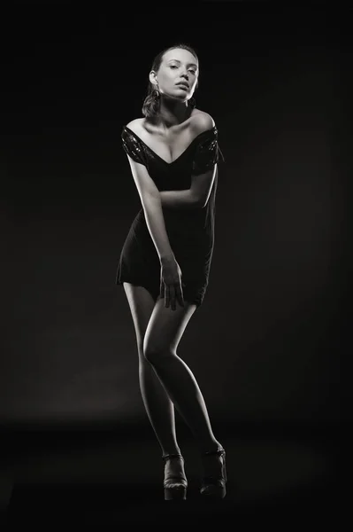 Beautiful Sexy Brunette Girl Posing Black Background Evening Dress — Stock fotografie