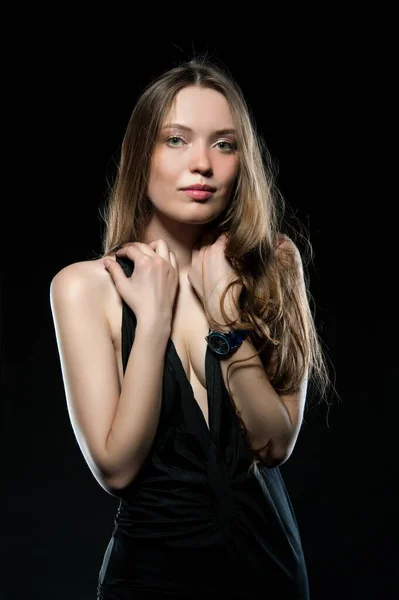 Beautiful Sexy Brunette Girl Posing Black Background Evening Dress — Stock Photo, Image