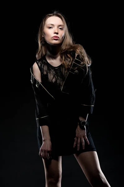 Beautiful Sexy Brunette Girl Posing Black Background Evening Dress — Stockfoto