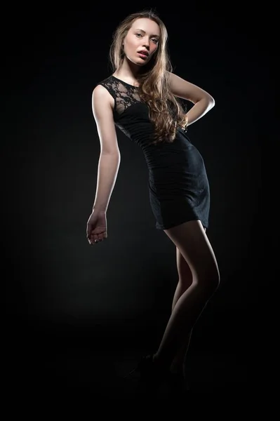 Beautiful Sexy Brunette Girl Posing Black Background Evening Dress — Zdjęcie stockowe