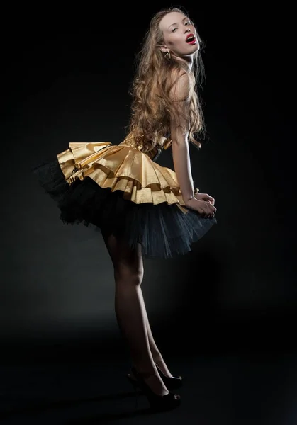 Beautiful Sexy Brunette Girl Posing Black Background Evening Dress Imagem De Stock