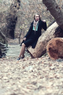 Sonbaharda ormanda poz veren uzun saçlı güzel seksi kız.