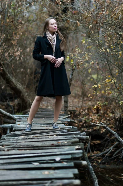 Beautiful Sexy Girl Long Hair Posing Forest Late Autumn — Fotografia de Stock