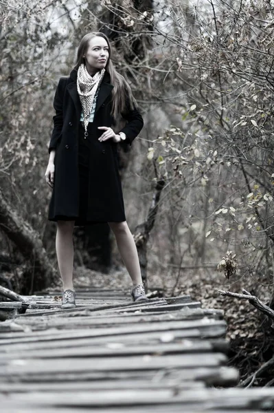 Beautiful Sexy Girl Long Hair Posing Forest Late Autumn — Fotografia de Stock