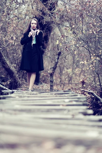 Beautiful Sexy Girl Long Hair Posing Forest Late Autumn — Fotografia de Stock