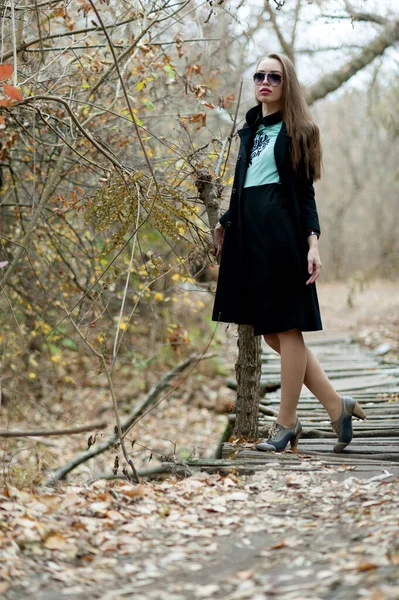 Beautiful Sexy Girl Long Hair Posing Forest Late Autumn — Zdjęcie stockowe