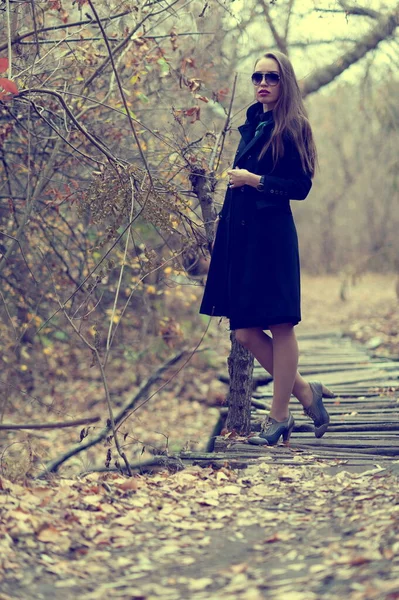 Beautiful Sexy Girl Long Hair Posing Forest Late Autumn — kuvapankkivalokuva