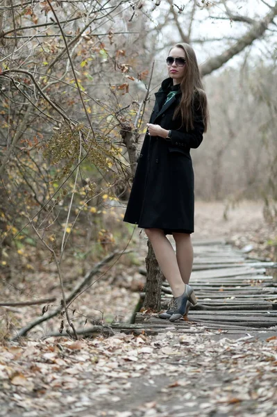 Schöne Sexy Mädchen Mit Langen Haaren Posiert Spätherbst Wald — Stockfoto