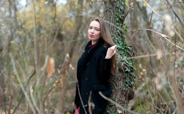 Красивая Сексуальная Девушка Длинными Волосами Позирует Лесу Поздней Осенью — стоковое фото
