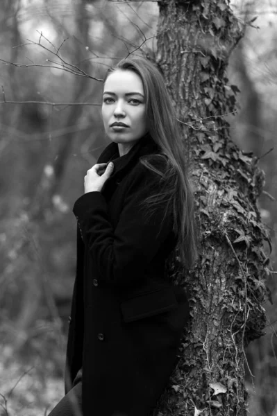 Beautiful Sexy Girl Long Hair Posing Forest Late Autumn — Stok fotoğraf