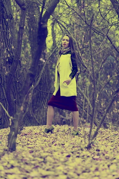 Sonbaharda ormanda poz veren uzun saçlı güzel seksi kız.