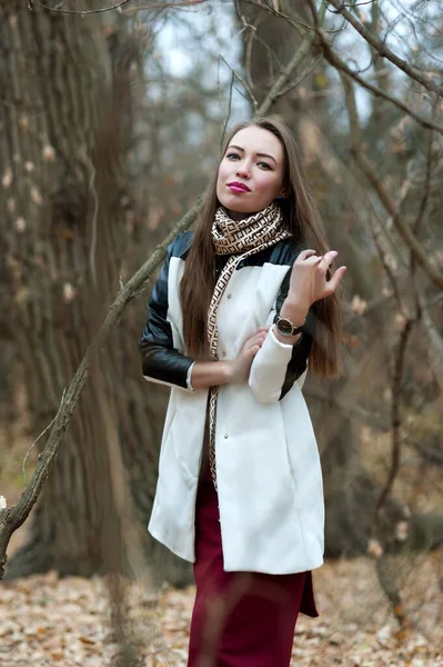 Hermosa Chica Sexy Con Pelo Largo Posando Bosque Finales Otoño —  Fotos de Stock