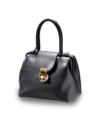 Beyaz arka planda siyah klasik deri çanta, izole edilmiş.