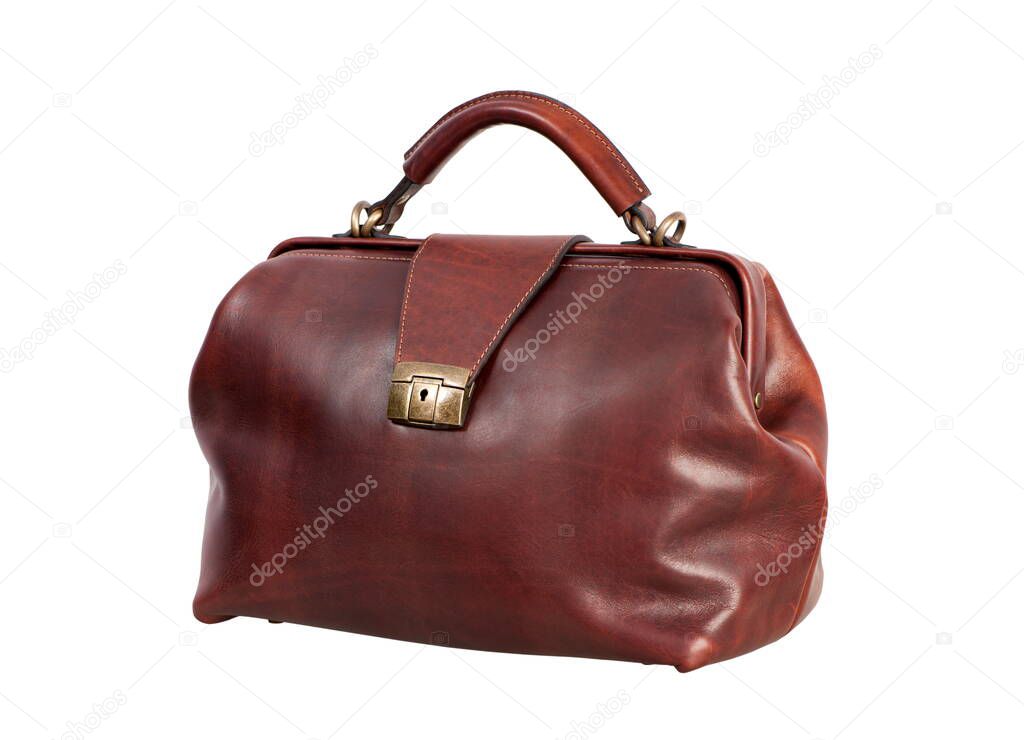 Classic leather brown bag on a white background isolated