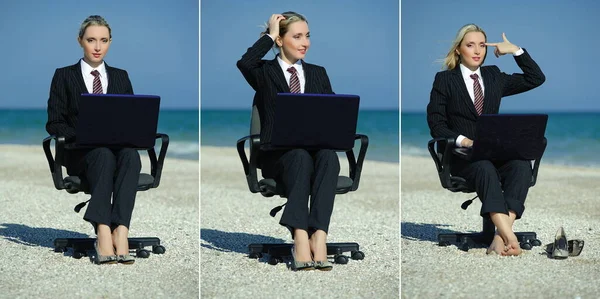 ビーチでのリモートワーク ラップトップとオフィスチェア付きのビジネス女性を示す概念 — ストック写真