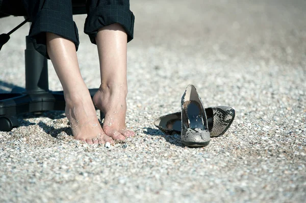 Concept Women Shoes Sandy Beach Close — Stock Photo, Image