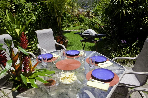 Barbcue lunch instellen in een tuin — Stockfoto