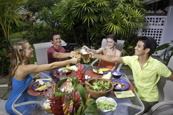 Amici che fanno una festa barbecue Foto Stock