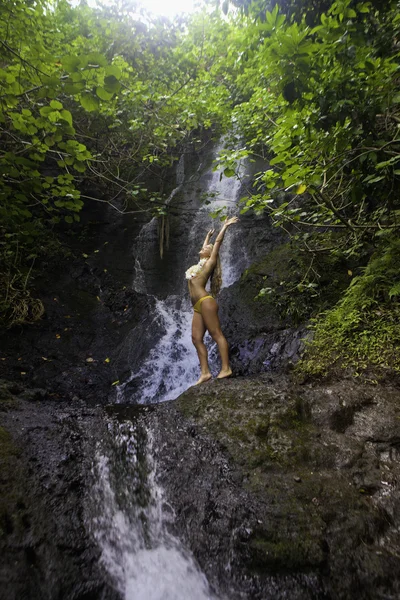 Mädchen in einem tropischen Wasserfall — Stockfoto