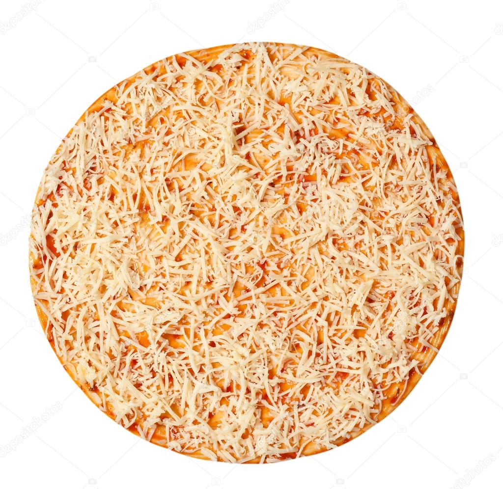 Pizza dough with grated cheese. isolated on white background — Stock