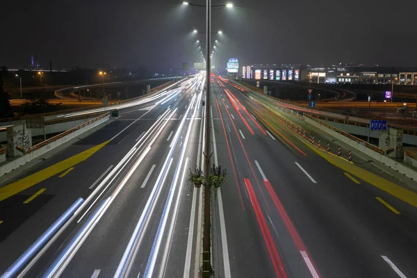 Belgrade Serbia Light Trails Motorway Highway Night Long Exposure Urban — Stock Photo, Image