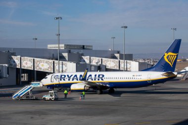 BUDAPEST, HUNGARY - 4 Şubat 2022: Ryanair Boeing 737-8AS EI-EKT Airplane Budapeşte uluslararası havaalanında.