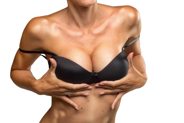 Sütyenini Takan Çekici Kızın Göğüslerine Yakın Çekim Çamaşırlı Kadın Kadın — Stok fotoğraf