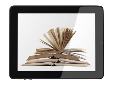 kitap ve genel teblet bilgisayar 3d model beyaz, dijital kütüphane kavramı üzerinde izole