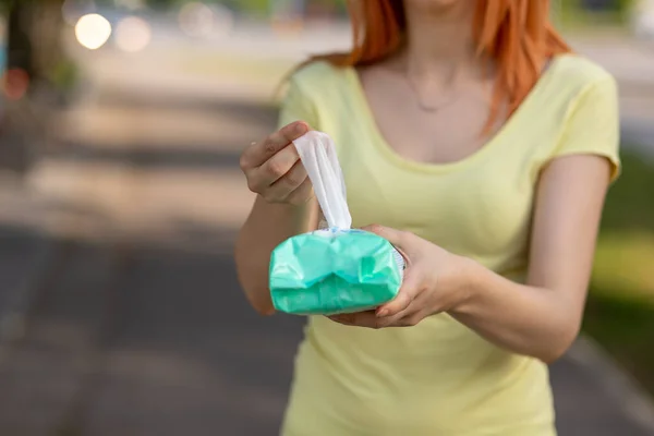 Taking One Wet Wipes Packaging Hygiene Procedure Prevention Infectious Diseases — Stock Photo, Image