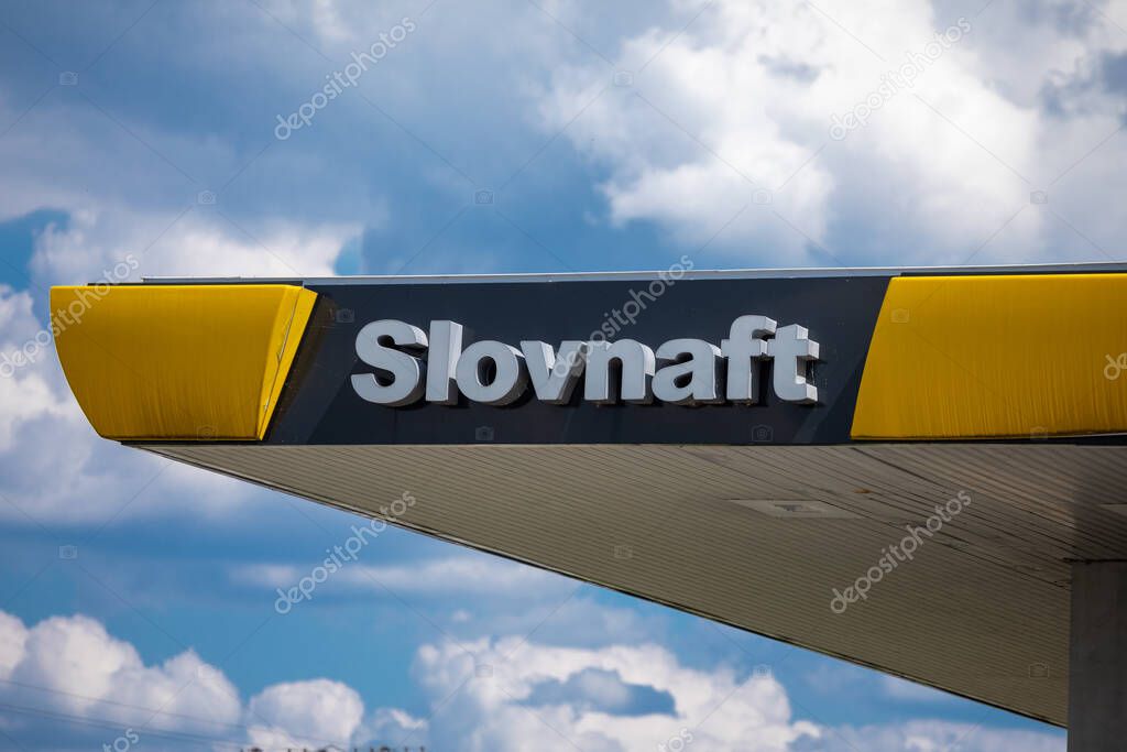 Sahy, Slovakia - June 7, 2022: Logo and sign of Slovnaft on gas station. Slovnaft is an oil refining company in Slovakia.
