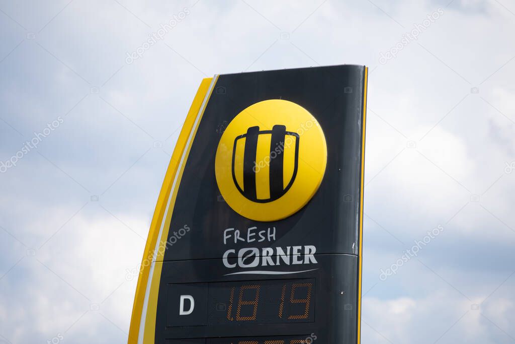 Sahy, Slovakia - June 7, 2022: Totem price board on Slovnaft gas station. Slovnaft is an oil refining company in Slovakia