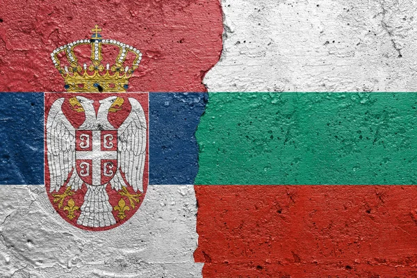 Serbia Bulgaria Flags Cracked Concrete Wall Painted Serbian Flag Left — Stockfoto