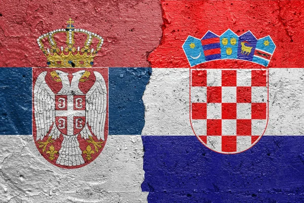 Serbia Croatia Flags Cracked Concrete Wall Painted Serbian Flag Left — Stock Photo, Image