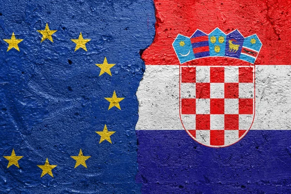 União Europeia Croácia Muro Betão Rachado Pintado Com Uma Bandeira — Fotografia de Stock