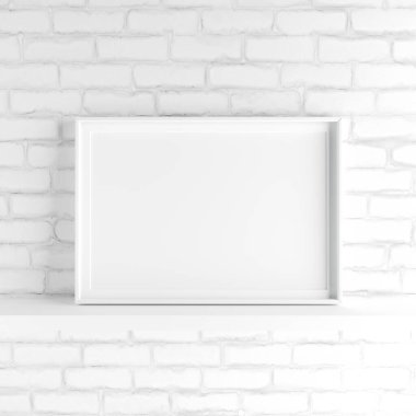 Zarif ve minimalist manzara resim çerçeve ayakta beyaz boyalı tuğla duvar. Tasarım öğesi. 3D render