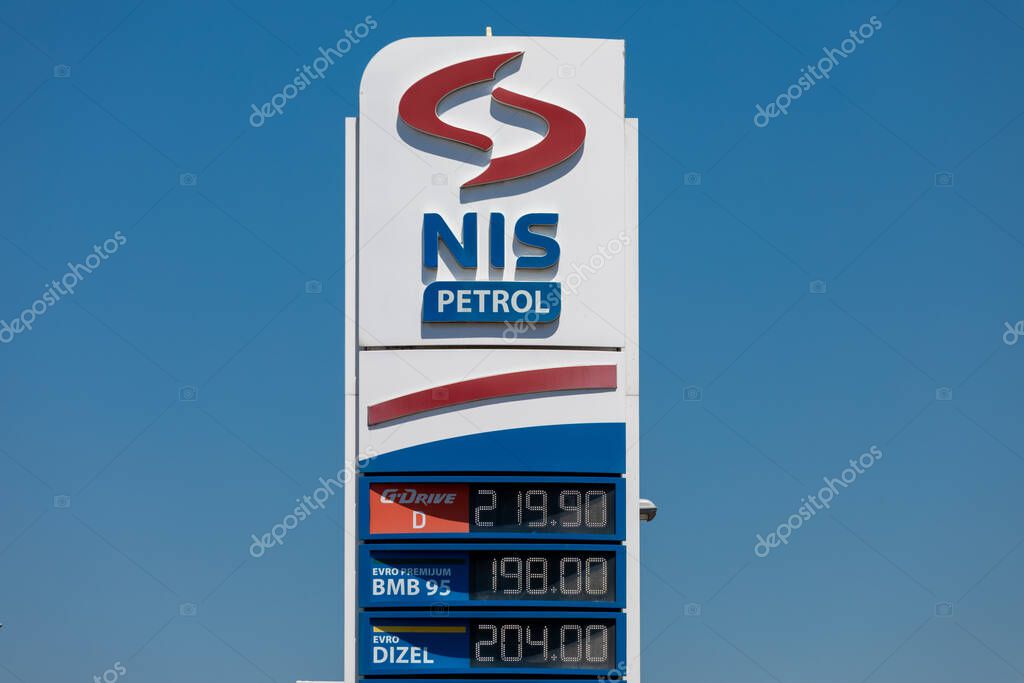 Valjevo, Serbia - June 20, 2022: Logo and sign of NIS Petrol on gas station. NIS Petrol (Oil Industry of Serbia) is an largest oil refining company in Serbia