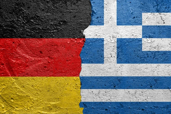 Germany Greece Cracked Concrete Wall Painted German Flag Left Greek — Zdjęcie stockowe