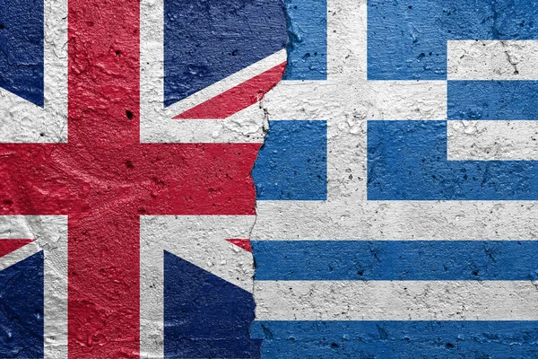United Kingdom Greece Cracked Concrete Wall Painted England Flag Left — Zdjęcie stockowe