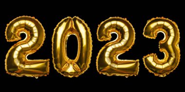 2023 concept Happy New Year from golden foil balloons aranged tight on black background