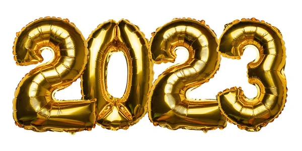 2023 Concept Happy New Year Golden Foil Balloon Yellow Background — Stock Photo, Image