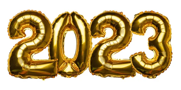 2023 concept Happy New Year from golden foil balloon on yellow background