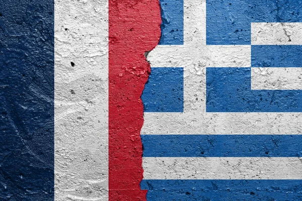 France Greece Cracked Concrete Wall Painted French Flag Left Greek — Zdjęcie stockowe