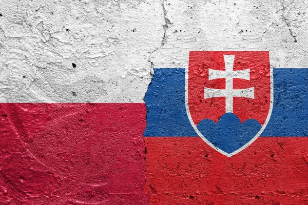 Poland Slovakia Cracked Concrete Wall Painted Polish Flag Left Slovakian — Fotografia de Stock