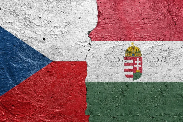 Czech Republic Hungary Cracked Concrete Wall Painted Czech Flag Left — Fotografia de Stock