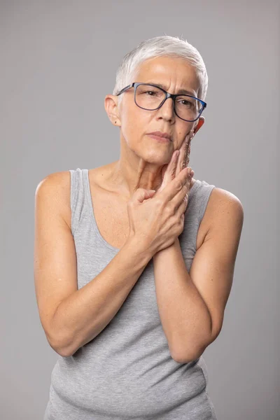 Toothache Pain Tooth Mouth Old Woman Short Gray Hair Tootache — Stockfoto