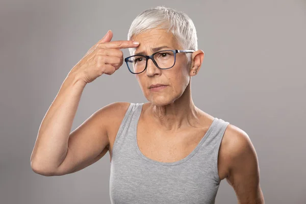 Headache Migraine Worried Expression Senior Old Woman Short Gray Hair — Stock fotografie