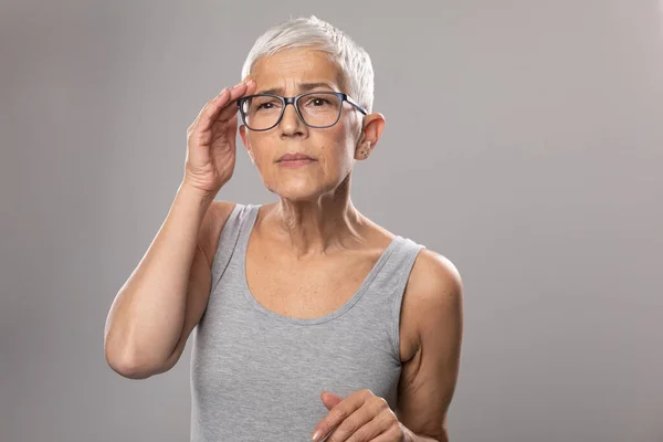 Headache Migraine Worried Expression Senior Old Woman Short Gray Hair — Stock fotografie