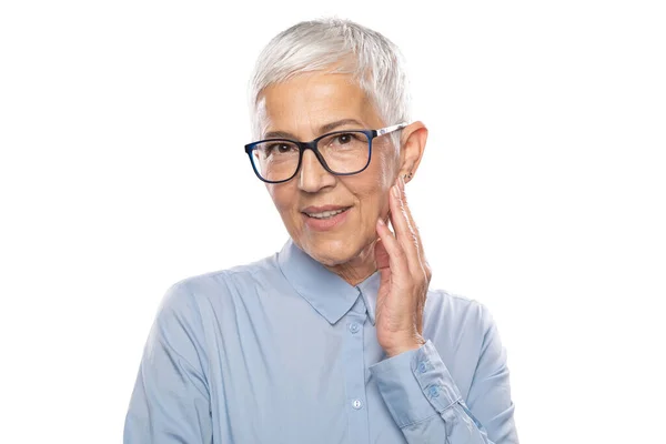 Smiling Expert Cute Senior Businesswoman Glasses Blue Shirt Short Gray — Stock fotografie